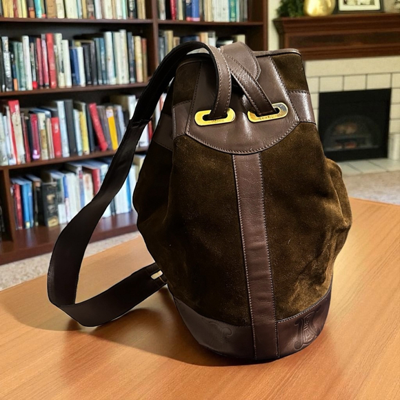 Celine Handbags - Celine Green-Brown Suede & Brown Leather Triomphe Bucket Shoulder Bag
